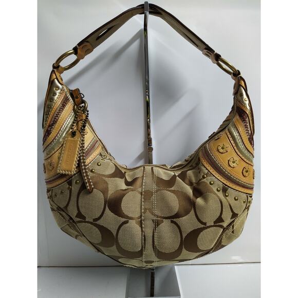 Coach Set of 3 Bags - Soho Brown Signature Canvas Stitched Grommet Studded Hobo - Picture 3 of 12